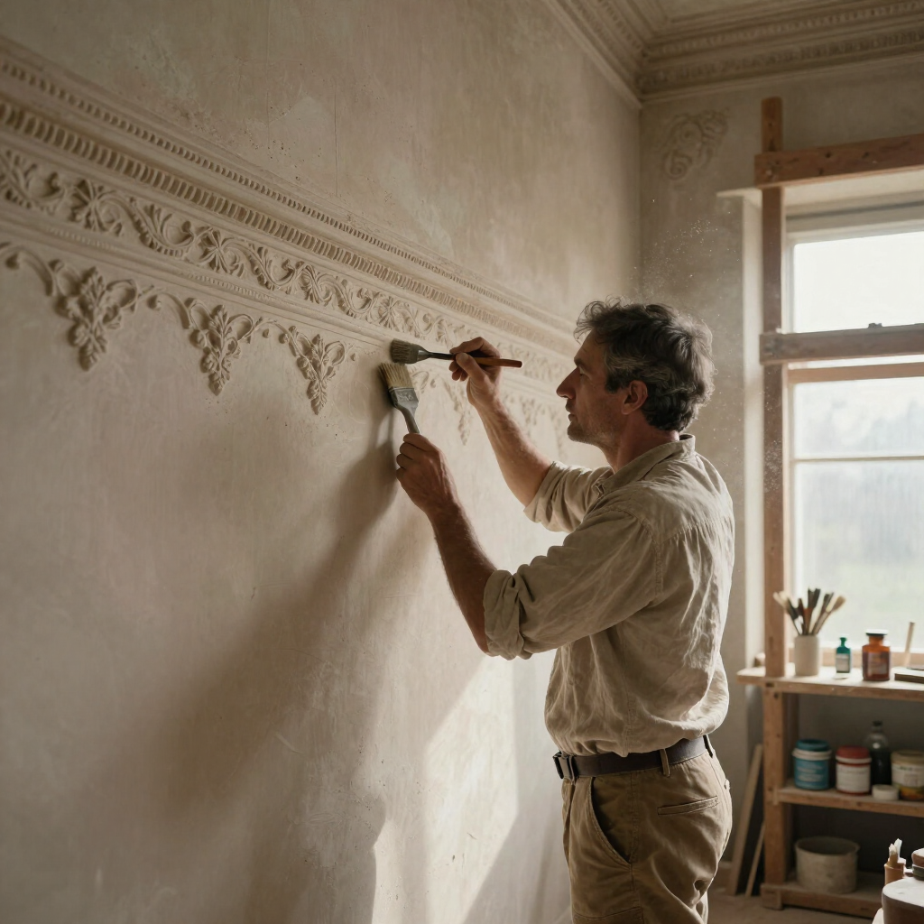Iemand schildert decoratieve sierlijsten op een crèmekleurige muur in een zonnige kamer.