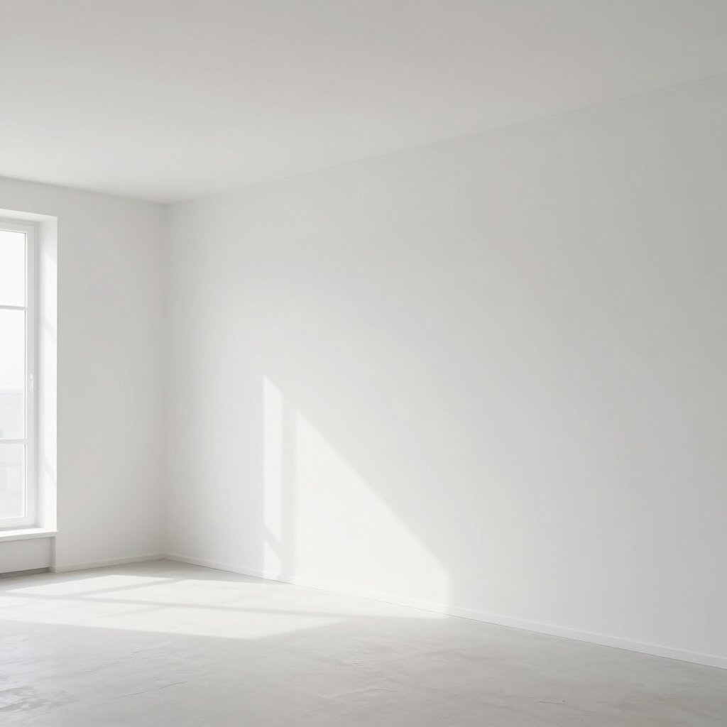 Een lege, witte kamer waar zonlicht door een raam op de vloer en de muur valt.