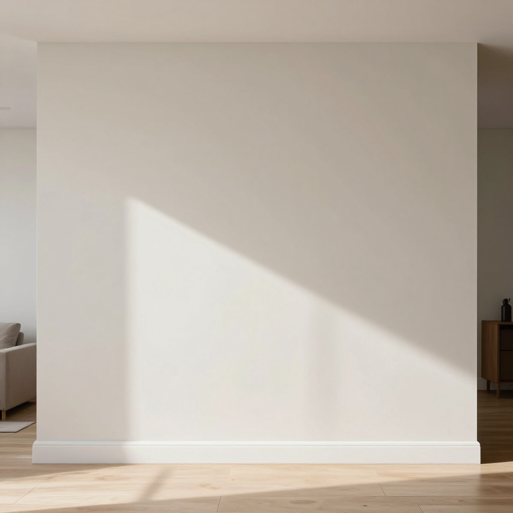 Zonovergoten lege witte muur in een minimalistische kamer met lichte houten vloer en plinten.