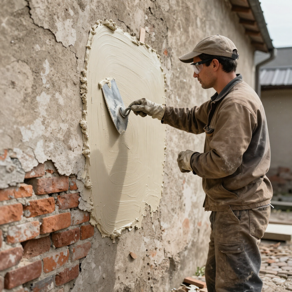 Een bouwvakker is buiten bezig met het bepleisteren van een beschadigde bakstenen muur met een troffel.