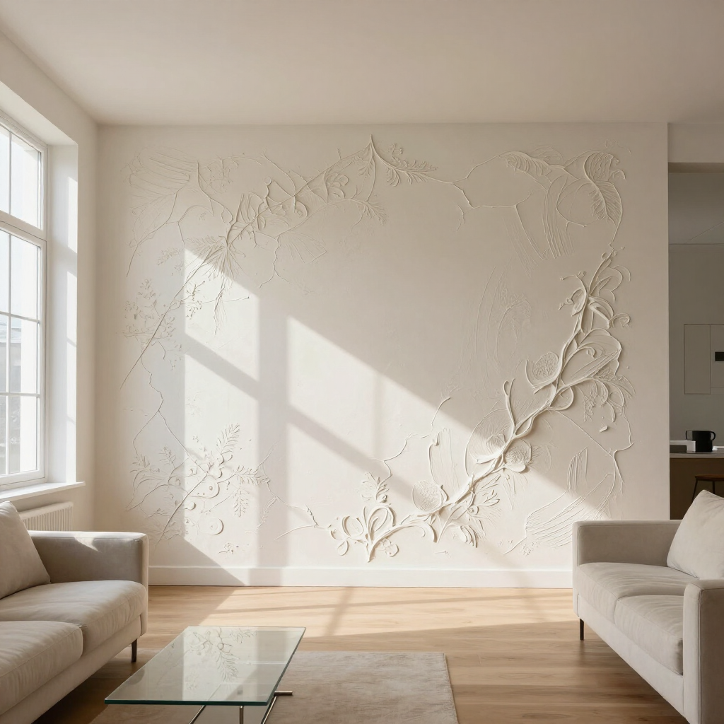 Lichte, minimalistische woonkamer met beige banken, een glazen salontafel en zonlicht op de muur met structuurverf.
