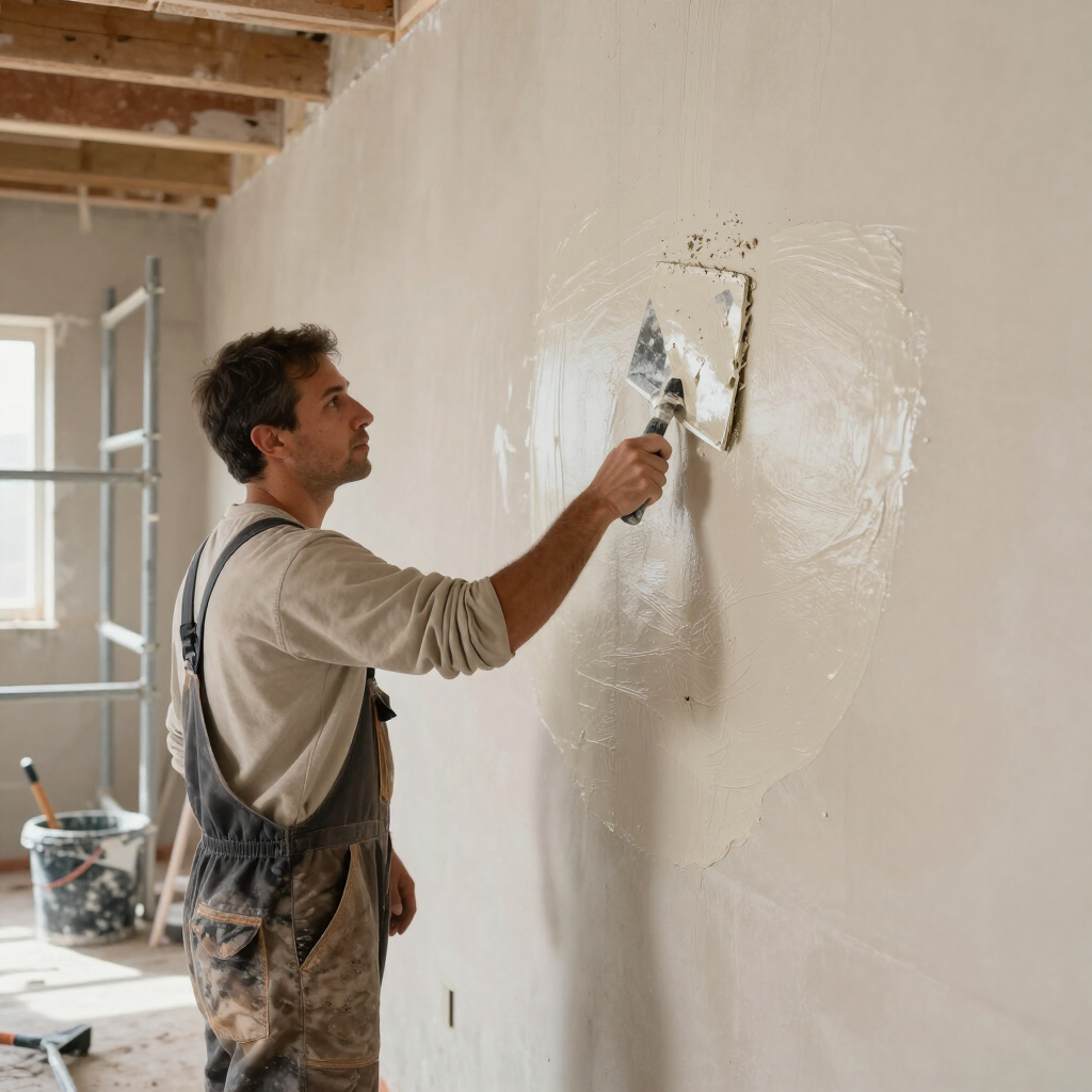 Een schilder strijkt een witte muur glad met een troffel in een onafgewerkte kamer met zichtbare plafondbalken.
