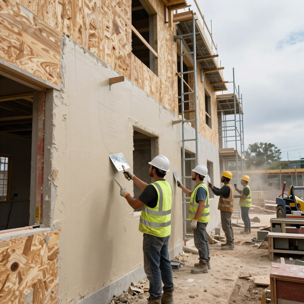 Bouwvakkers zijn bezig met het stucen van een gebouwmuur naast steigers en zichtbare houten constructie.