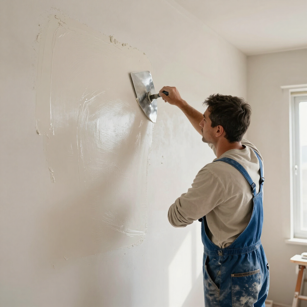 Iemand die met een troffel een witte muur in een lichte kamer bepleistert.