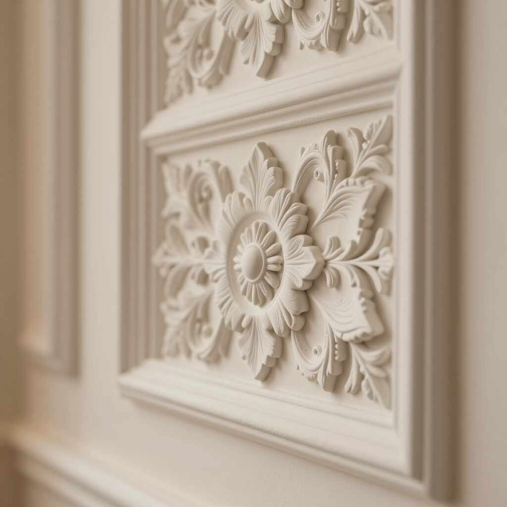 Detailopname van een sierlijk crèmekleurig wandpaneel met uitgesneden bloem- en bladmotieven.
