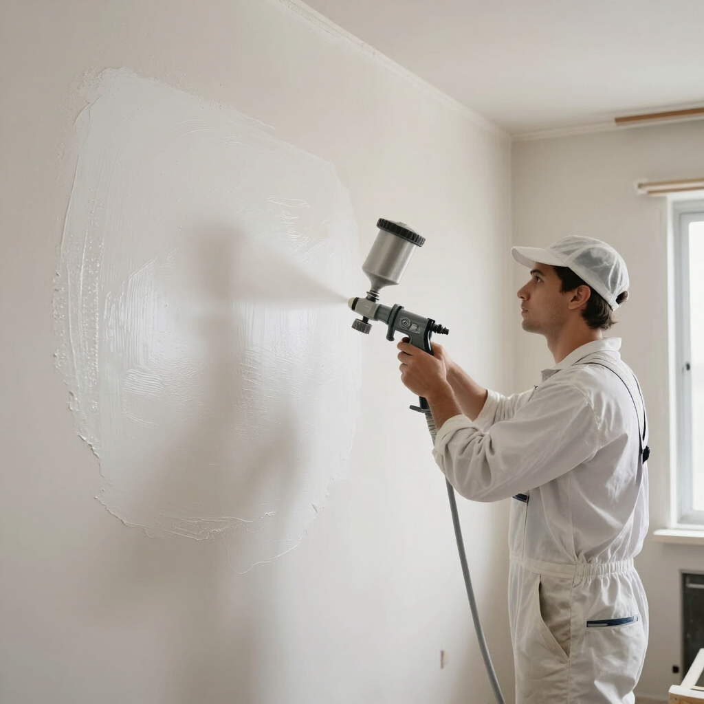 Een schilder spuit witte verf op een binnenmuur om een glad oppervlak te creëren.