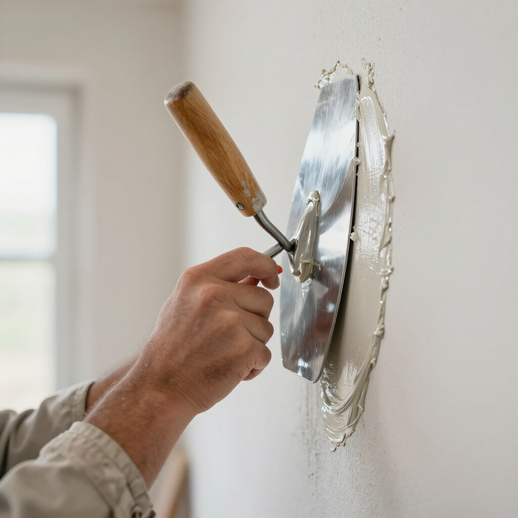 Met een troffel pleister op een muur gladstrijken, een cirkelvormige reparatie rond een gat uitvoeren.