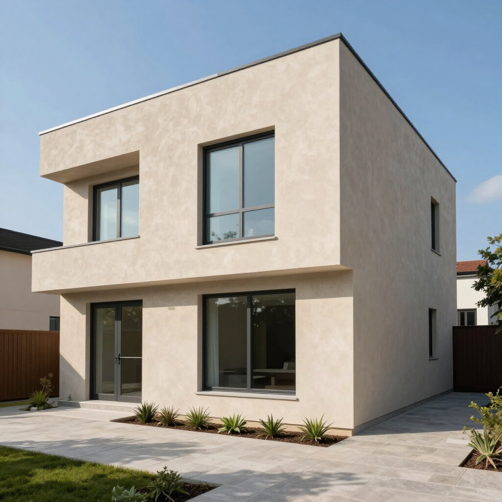 Moderne, beige woning met twee verdiepingen, grote ramen en een kleine voortuin onder een heldere hemel.