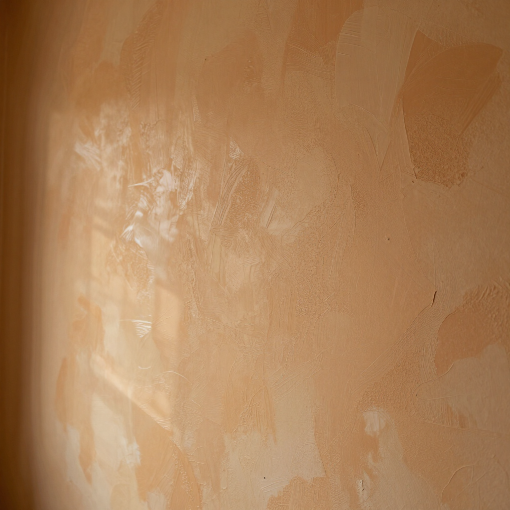 Close-up van een beige muur met verfvlekken en lichte strepen.