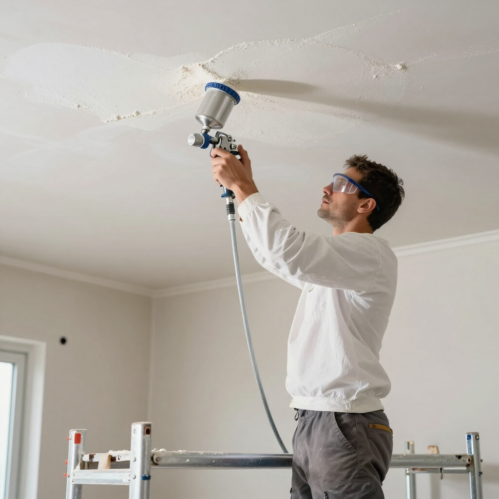 Een schilder spuit met een spuitpistool witte verf op een plafond, staand op een steiger.