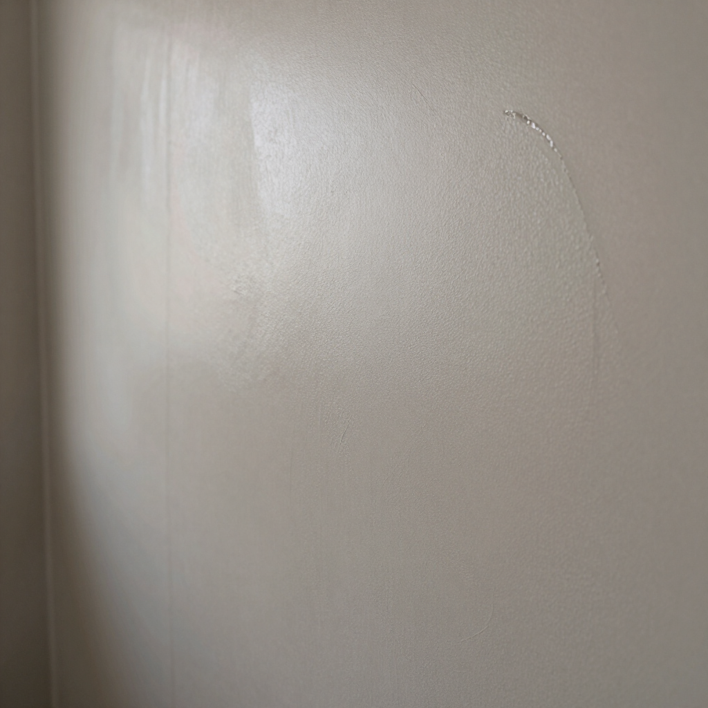 Close-up van een beige muur met een kleine kras en een heldere lichtreflectie.