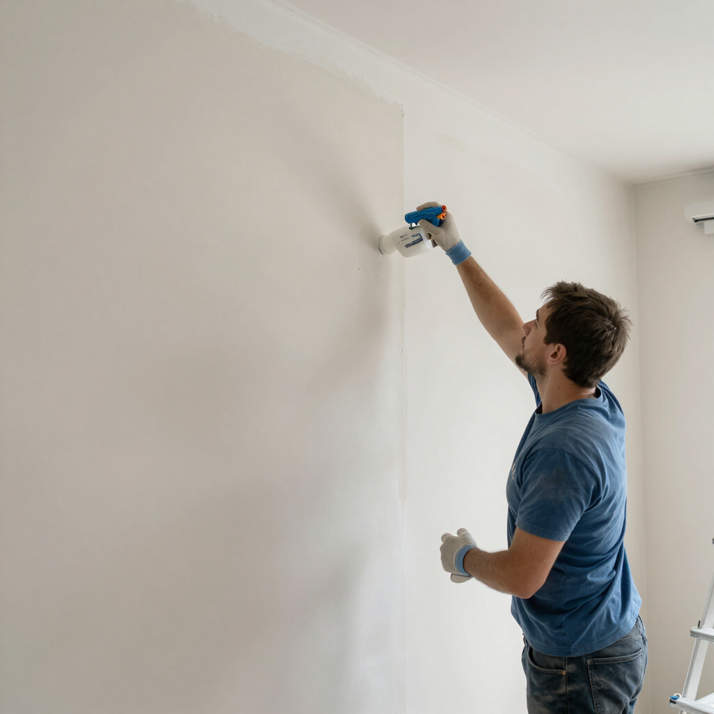 Een man schildert een witte muur met een verfroller in een lichte kamer.