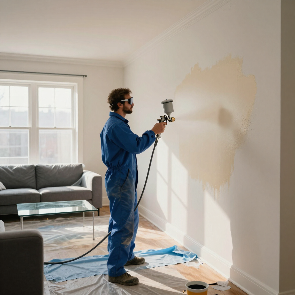 Een schilder spuit beige verf op een muur in een lichte woonkamer.