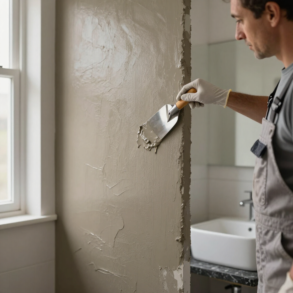 Een arbeider brengt stucwerk aan op een muur in een lichte badkamer vlakbij een raam.