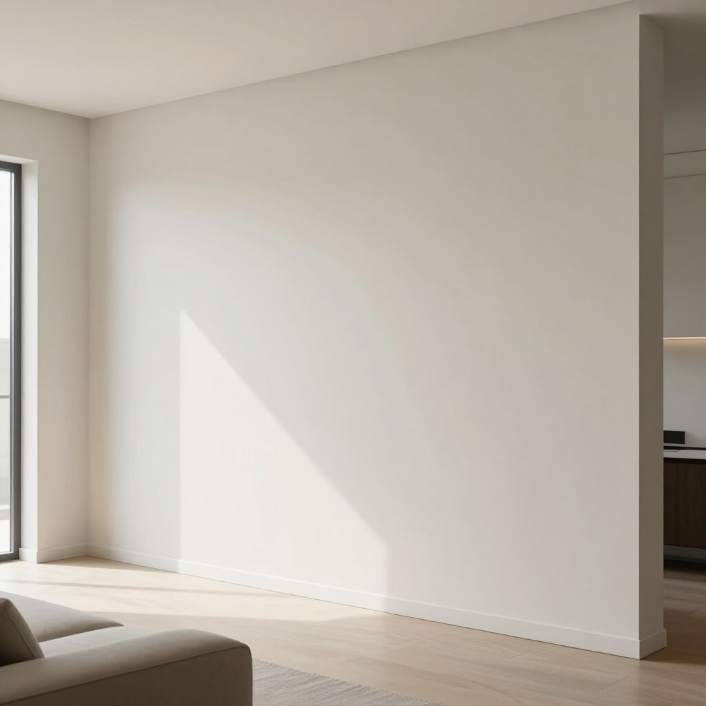 Lege, moderne woonkamer met een grote witte muur en zonlicht dat door een raam naar binnen stroomt.