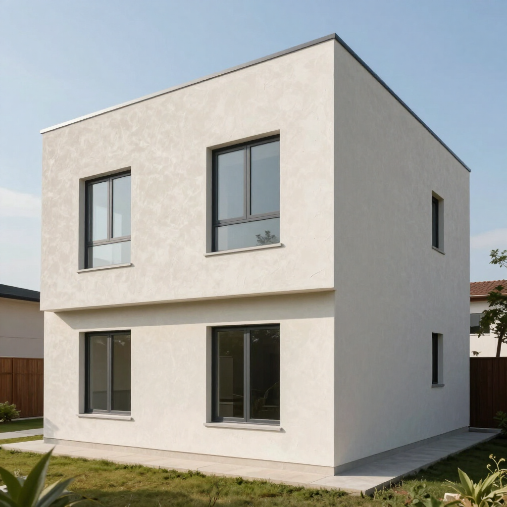 Moderne, twee verdiepingen tellende, witte woning met donker omlijste ramen en een kleine tuin.