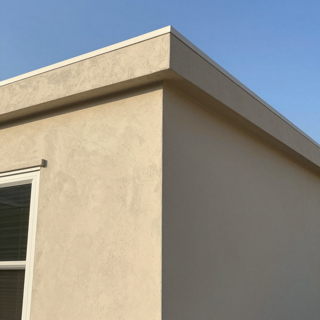 De hoek van een beige stucwerkgebouw met een plat dak tegen een helderblauwe hemel.