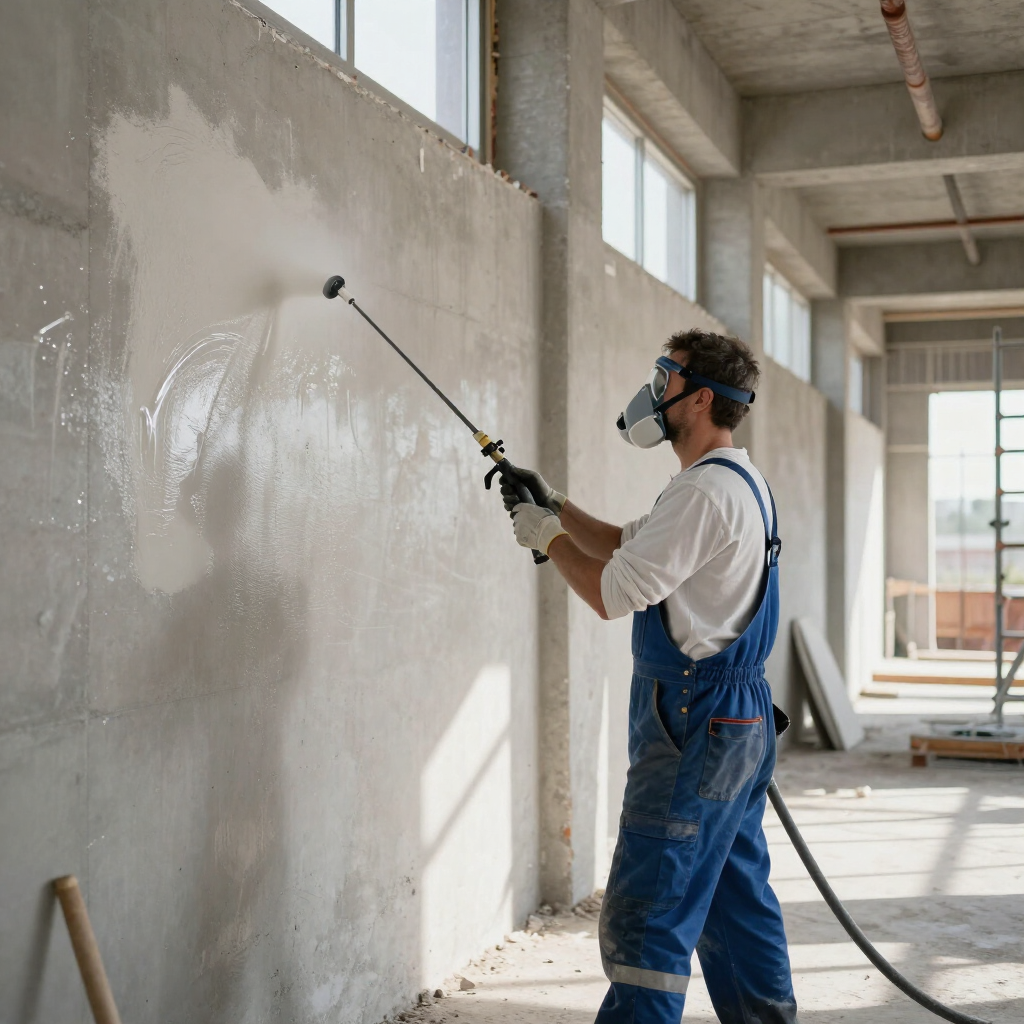 Een arbeider in een blauwe overall spuit verf op een betonnen muur in een licht, onafgewerkt gebouw.