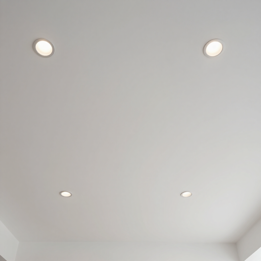 Wit plafond met vier ronde inbouwspots in een eenvoudige kamer.
