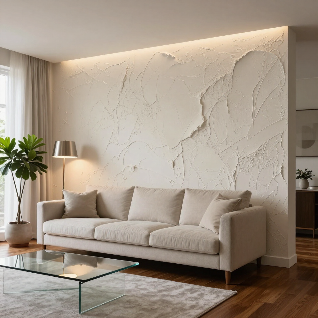 Moderne woonkamer met beige bank, glazen salontafel, staande lamp en een witte accentmuur met structuurverf.