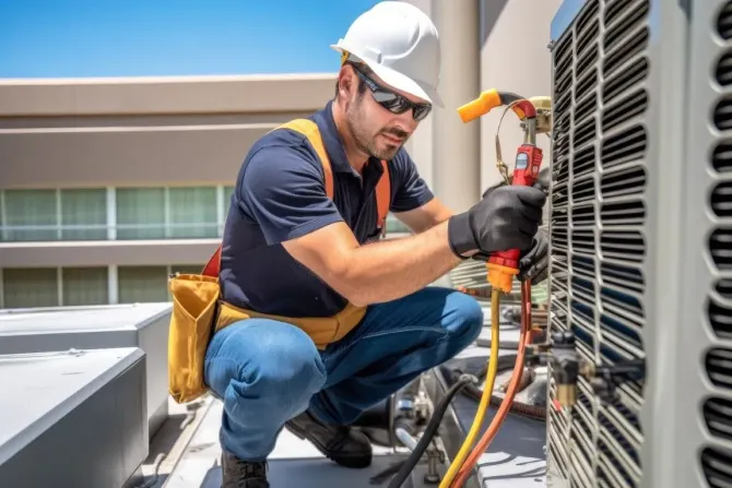 Close-up of a technician servicing internal AC condenser coils.