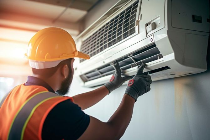 Technician performing maintenance on a modern wall-mounted boiler.