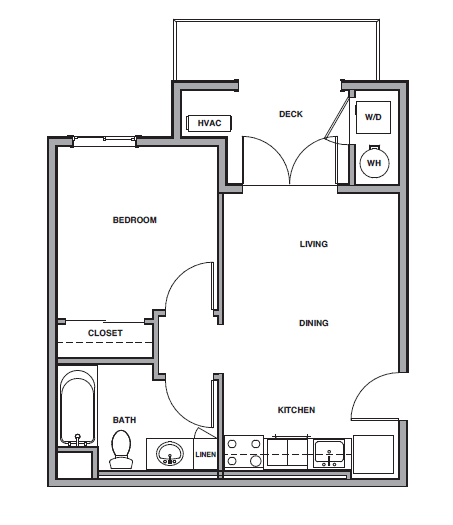 Floor plan of a one-bedroom apartment with a living/dining area, kitchen, bath, and deck.