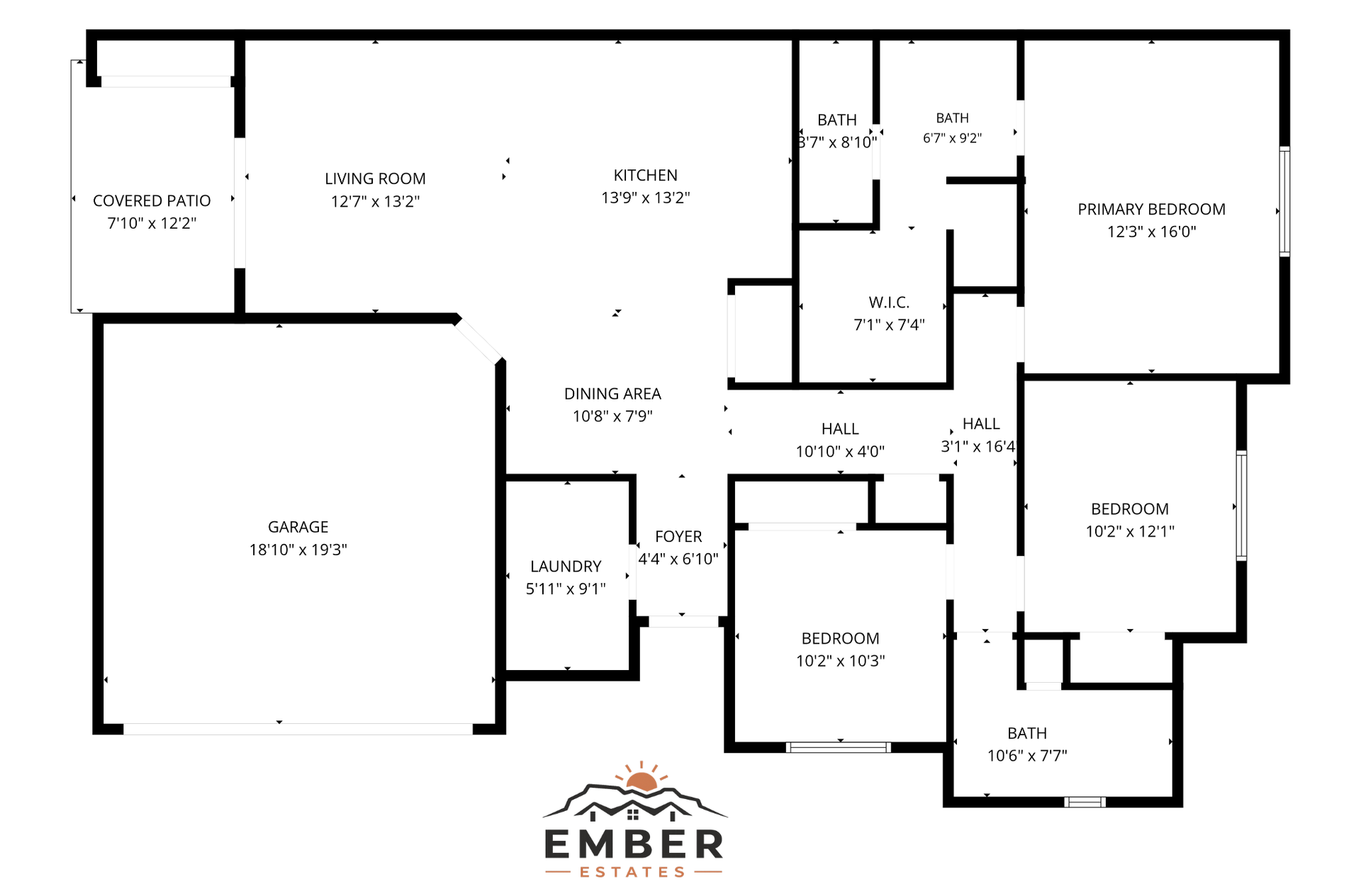 Black-and-white floor plan of a house with labeled rooms and an Ember logo at the bottom