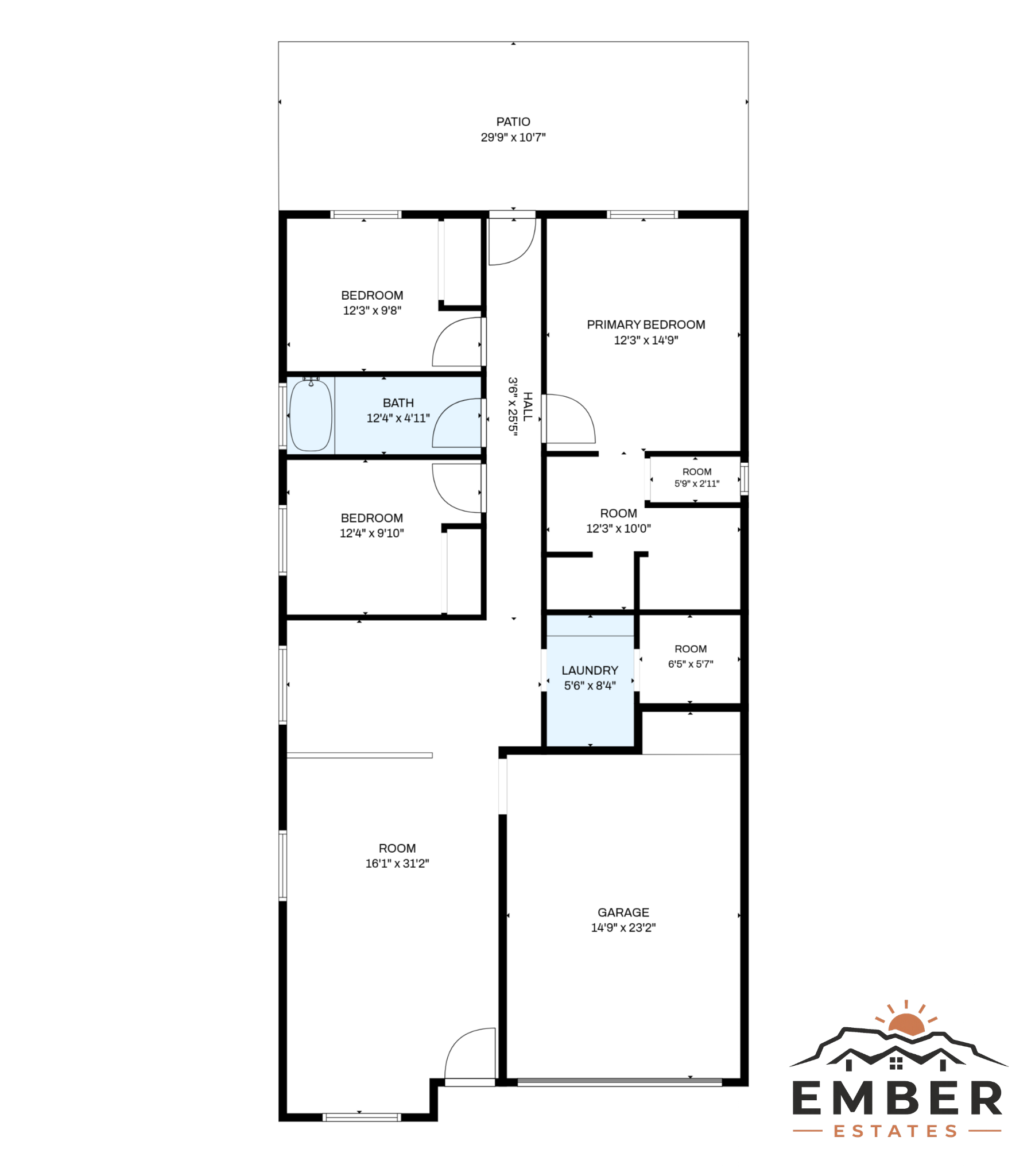 Black-and-white architectural floor plan with labeled rooms and an Ember logo in the lower right.