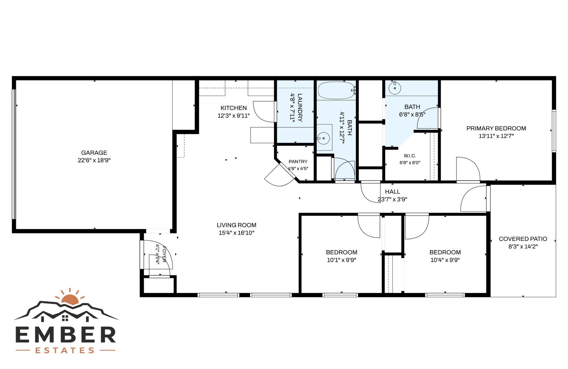 Floor plan of a house with labeled rooms and the Ember logo.