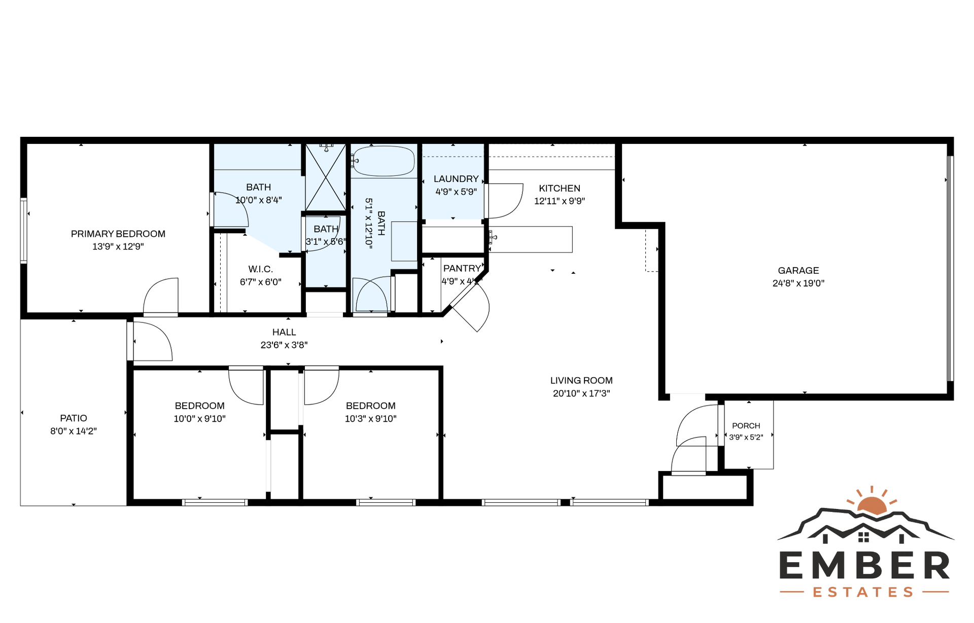Black-and-white floor plan of a home with labeled rooms and Ember Estates logo.
