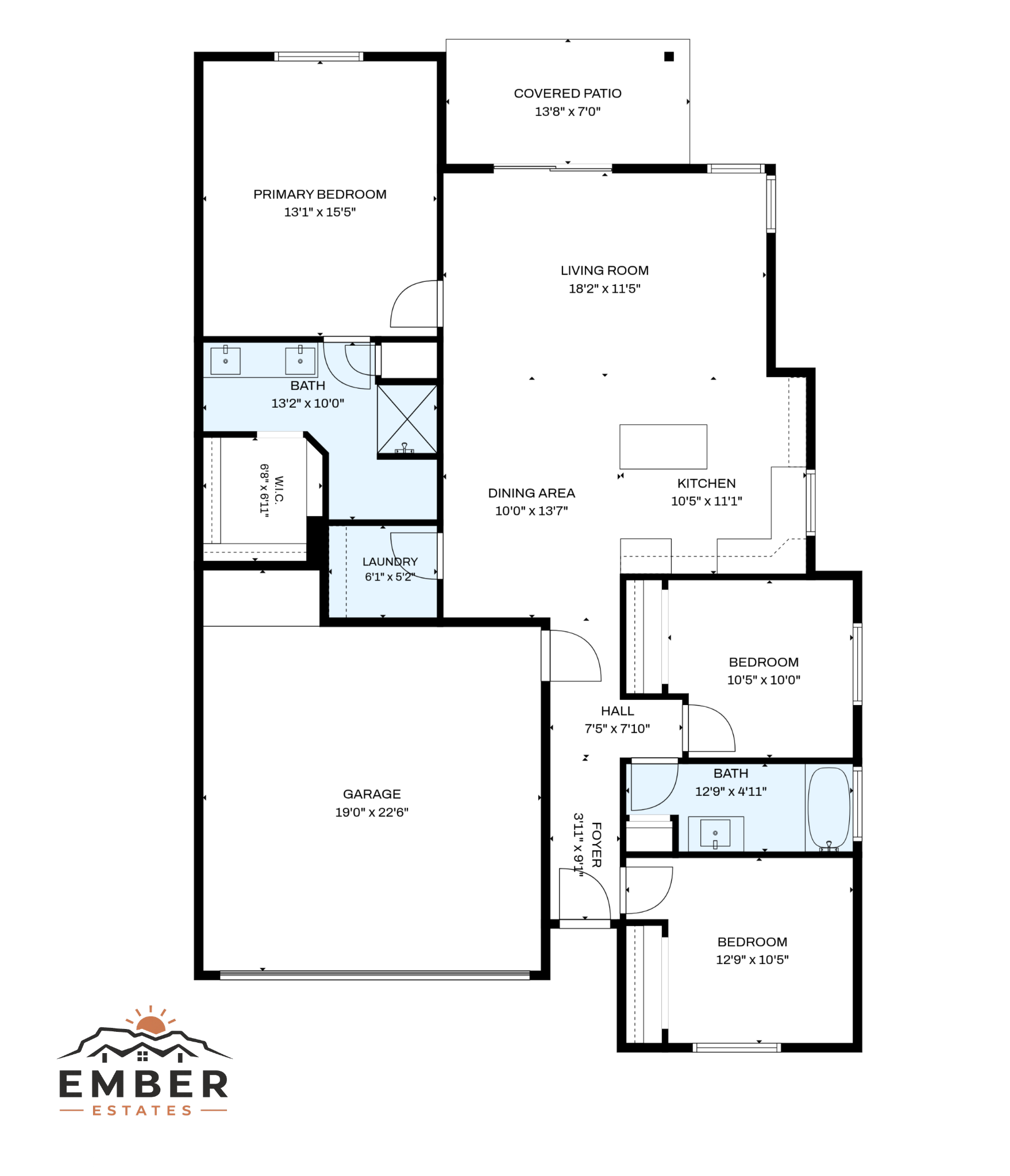 Floor plan with black outlines and light blue highlighted rooms on a white background.