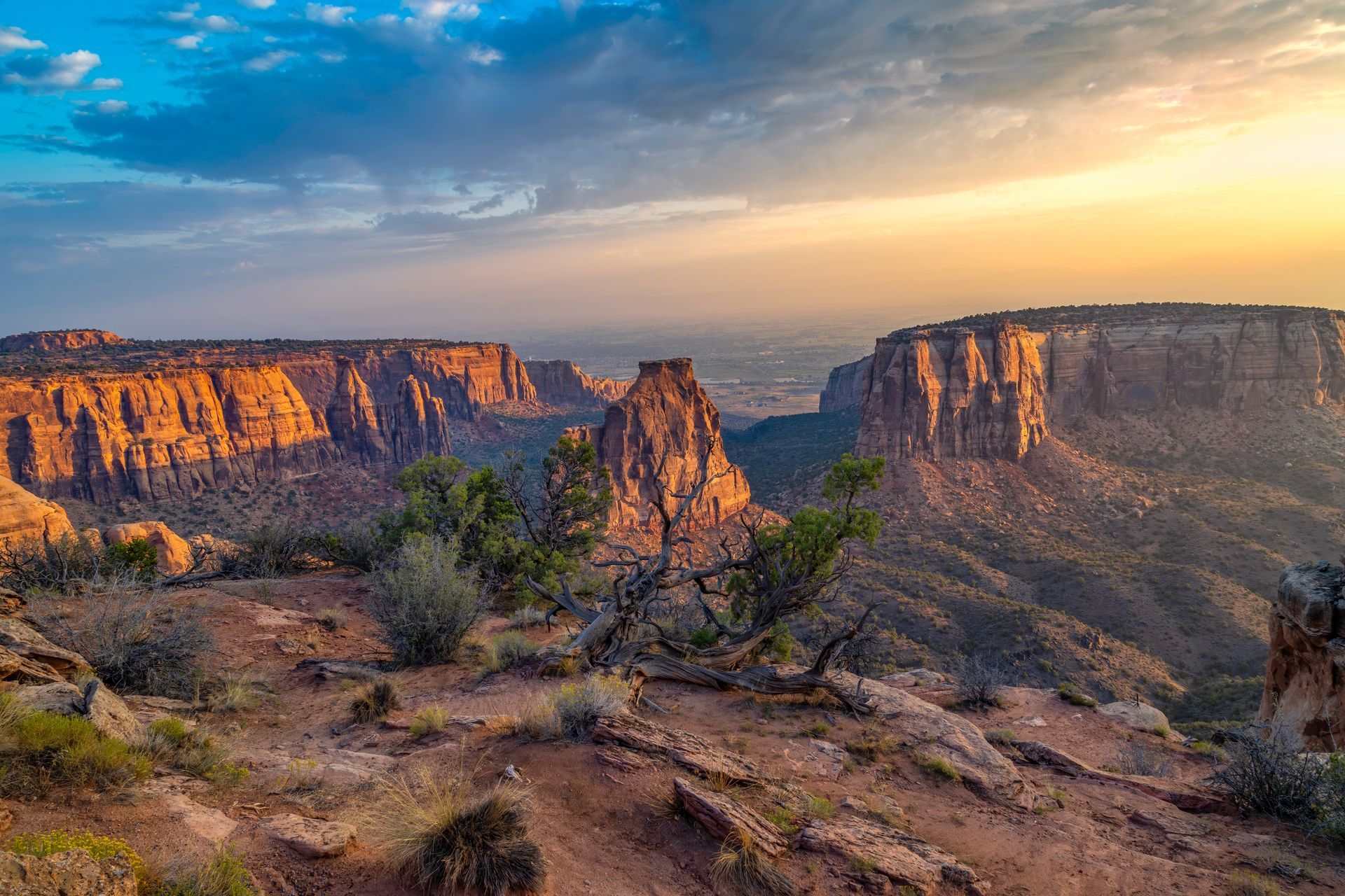 Sunset over a rocky canyon with orange cliffs, sparse shrubs, and a blue sky with clouds