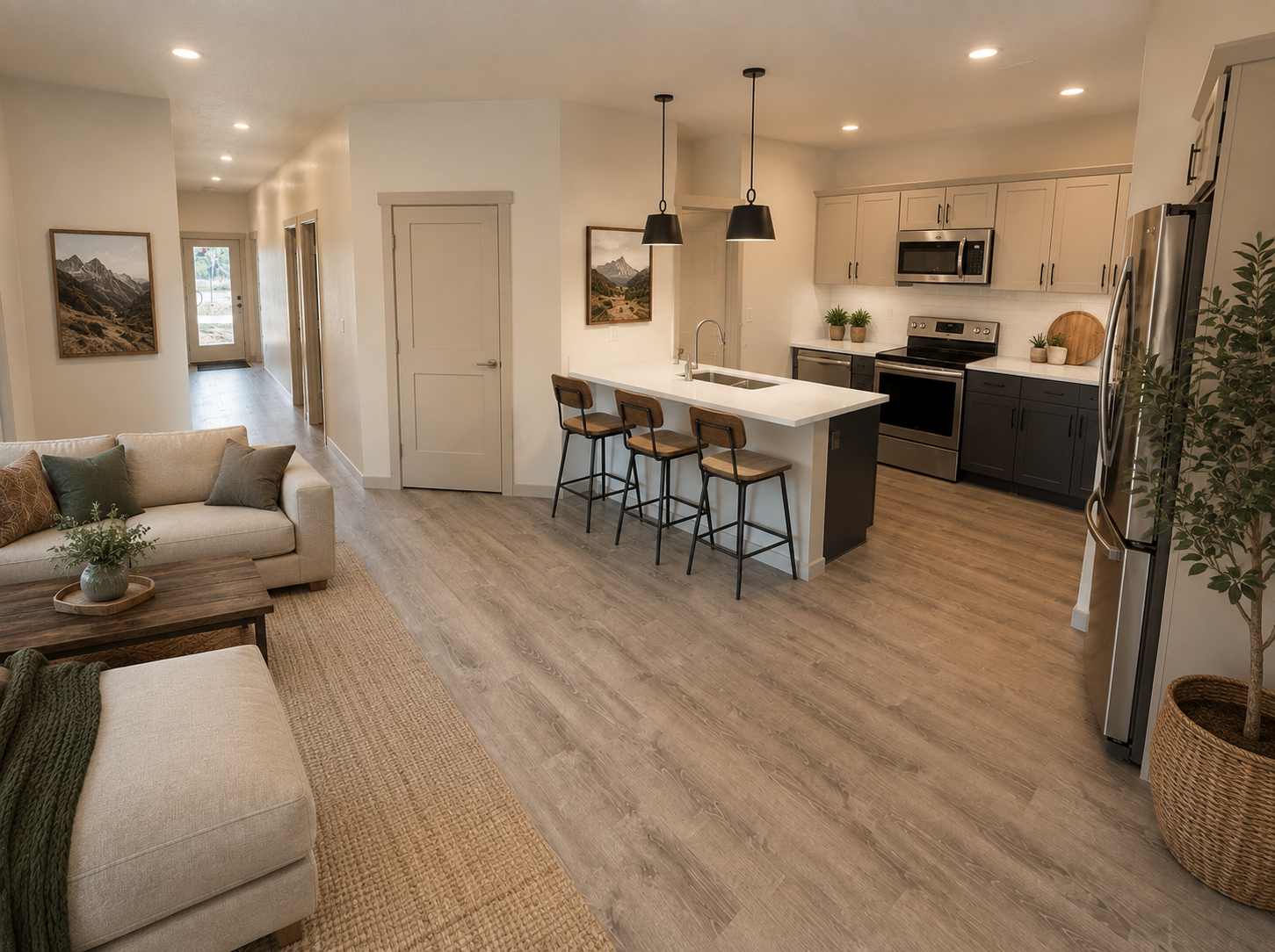Bright open-plan living room and kitchen with white island, black pendant lights, and neutral decor