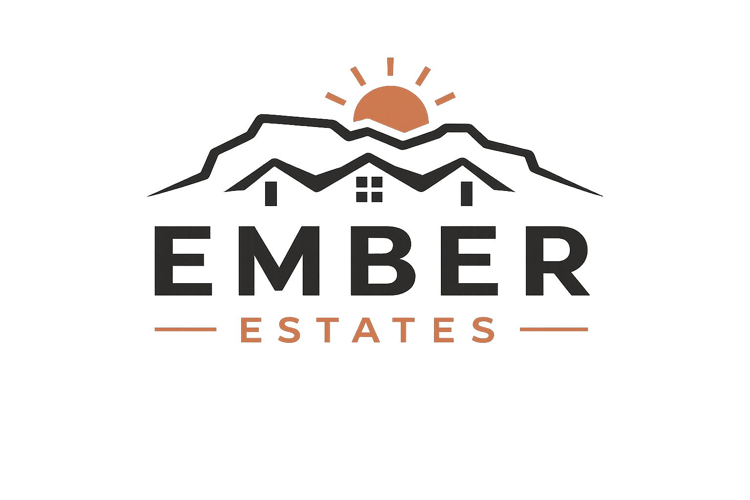 Ember Estates logo with stylized mountains and sunrise in black, white, and orange