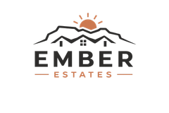 Ember Estates logo with stylized mountains and sunrise in black, white, and orange