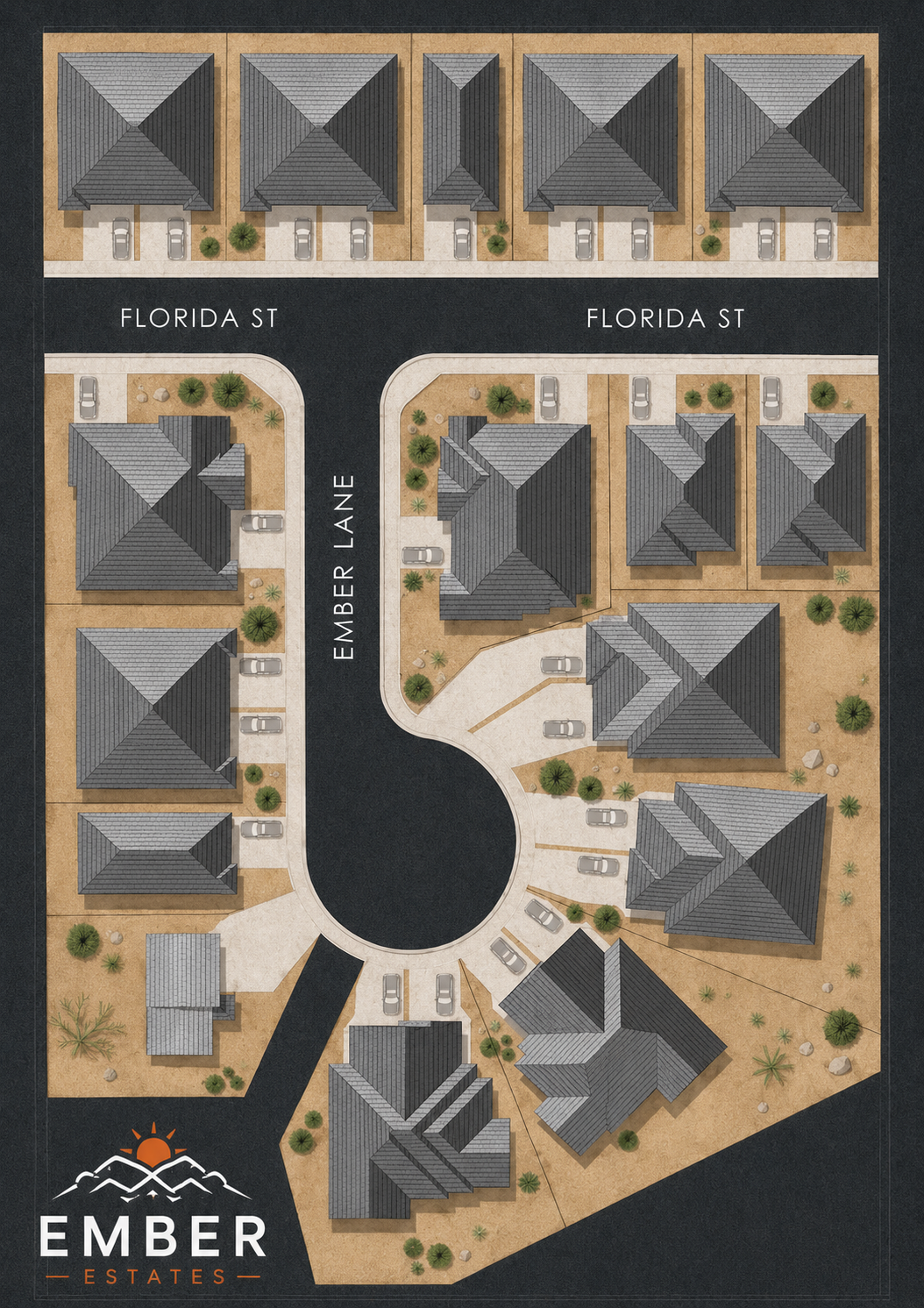 Residential site map showing multiple gray-roofed homes, roads, landscaping, and the EMBER logo.