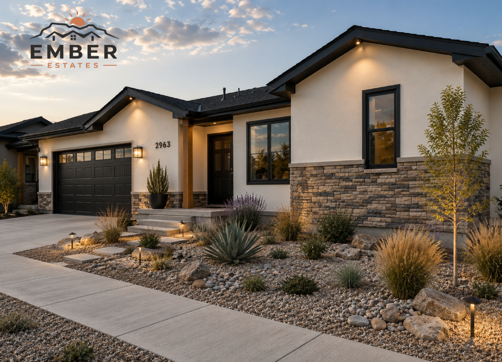 Modern single-story house with stone facade, black garage door, desert landscaping, and a sunset sky