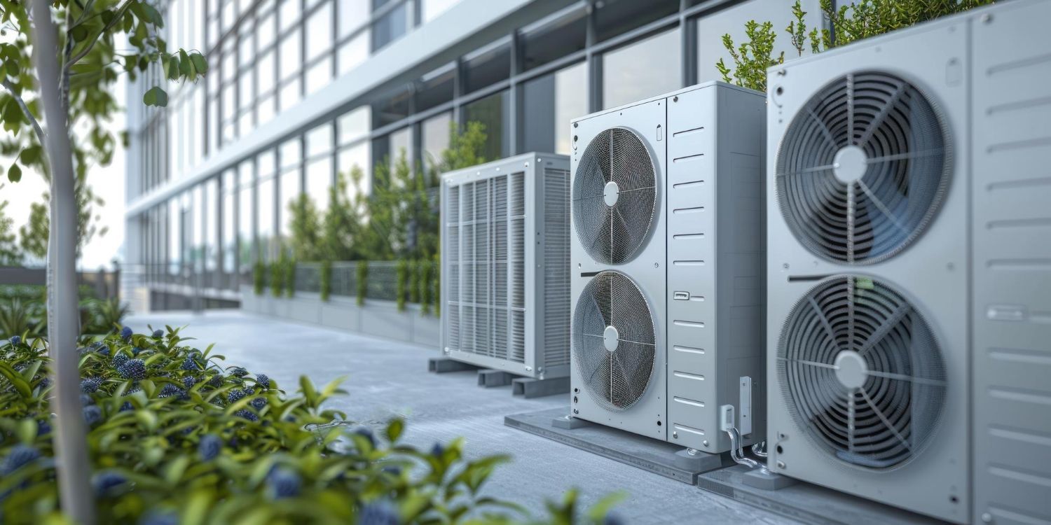 Outdoor HVAC condenser units beside a modern glass office building with green plants in front