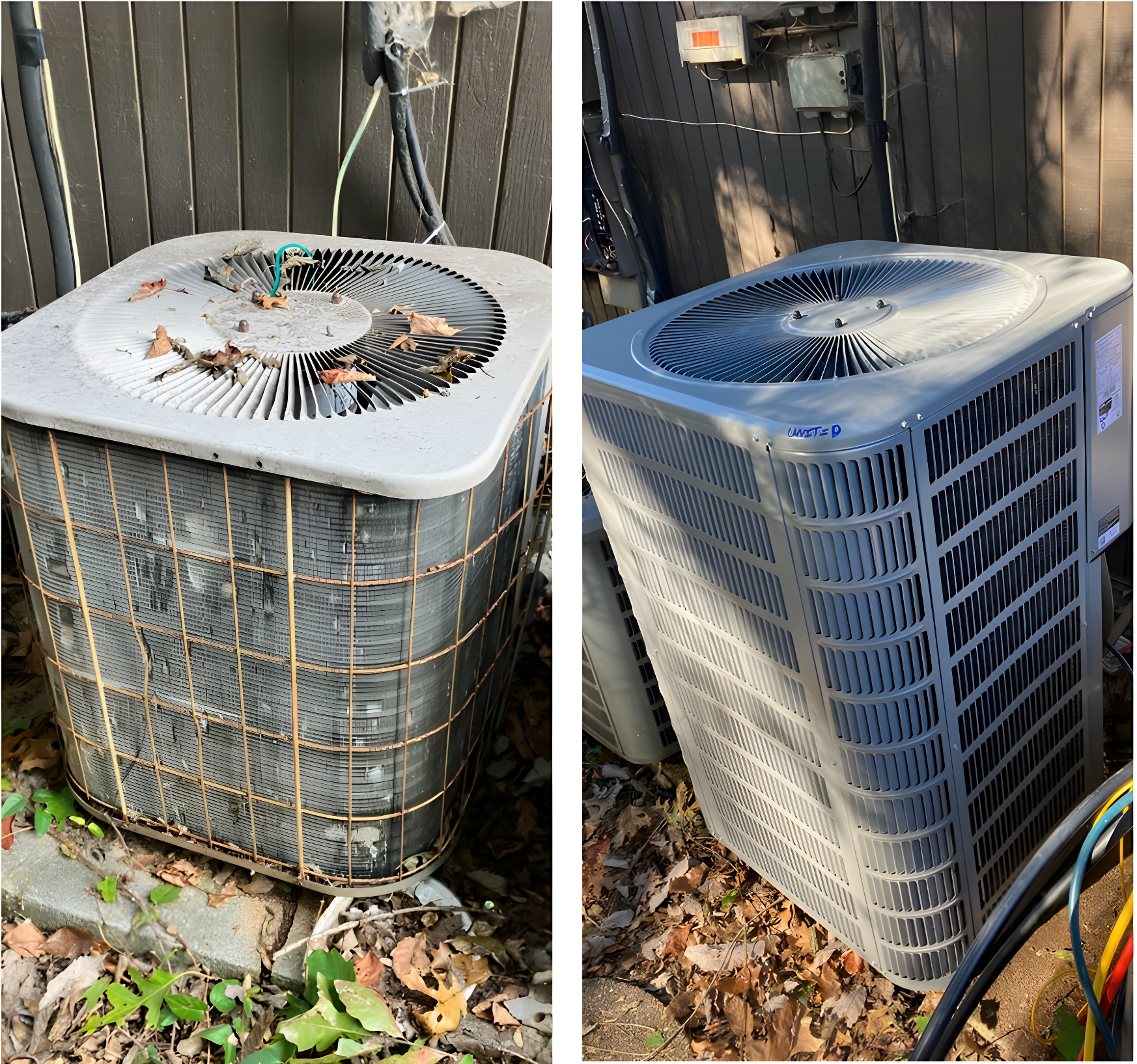 Before and after of an outdoor air conditioner unit; dirty, then cleaned.