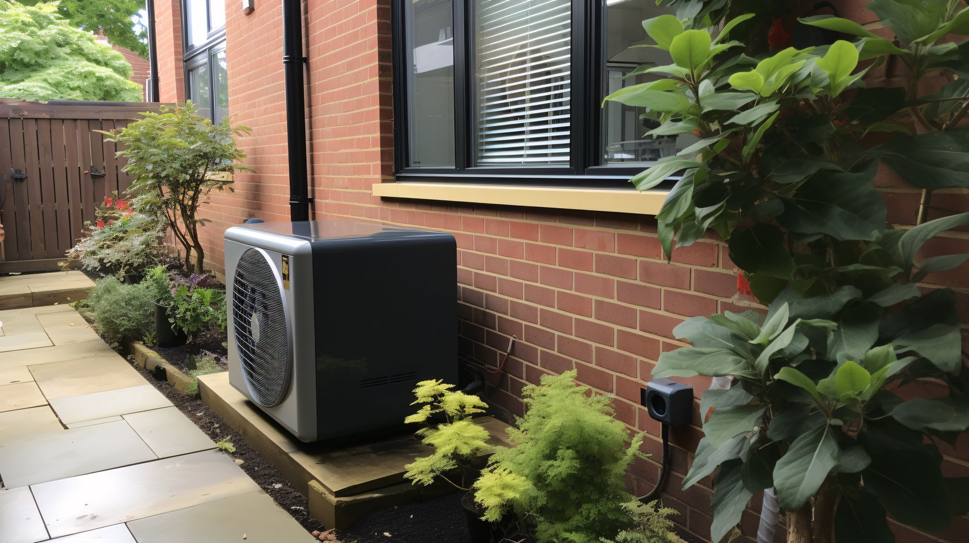 A large air conditioner is sitting on the side of a brick building.