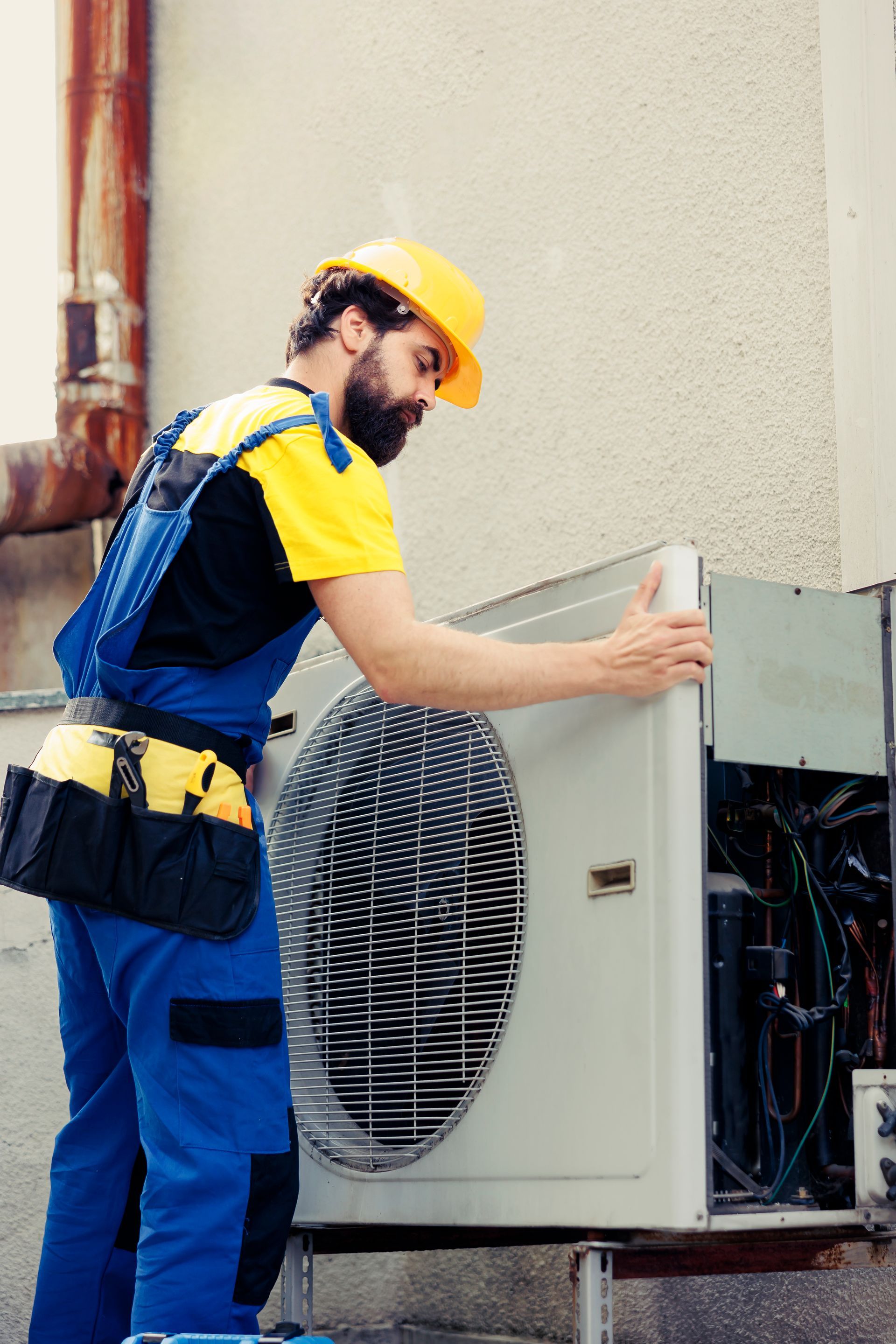 A man wearing a hard hat is working on an air conditioner.