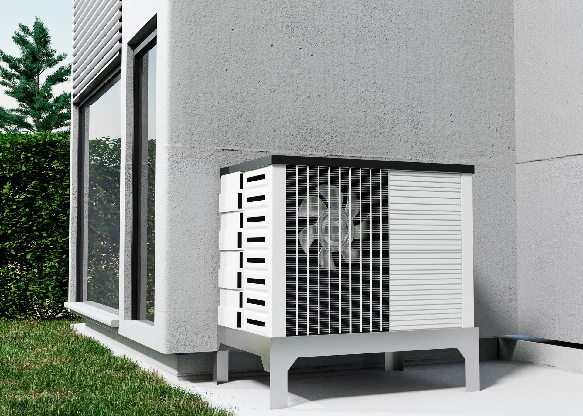 A black and white air conditioner is sitting outside of a house.