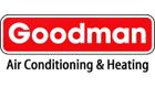 The logo for goodman air conditioning and heating is red and white.