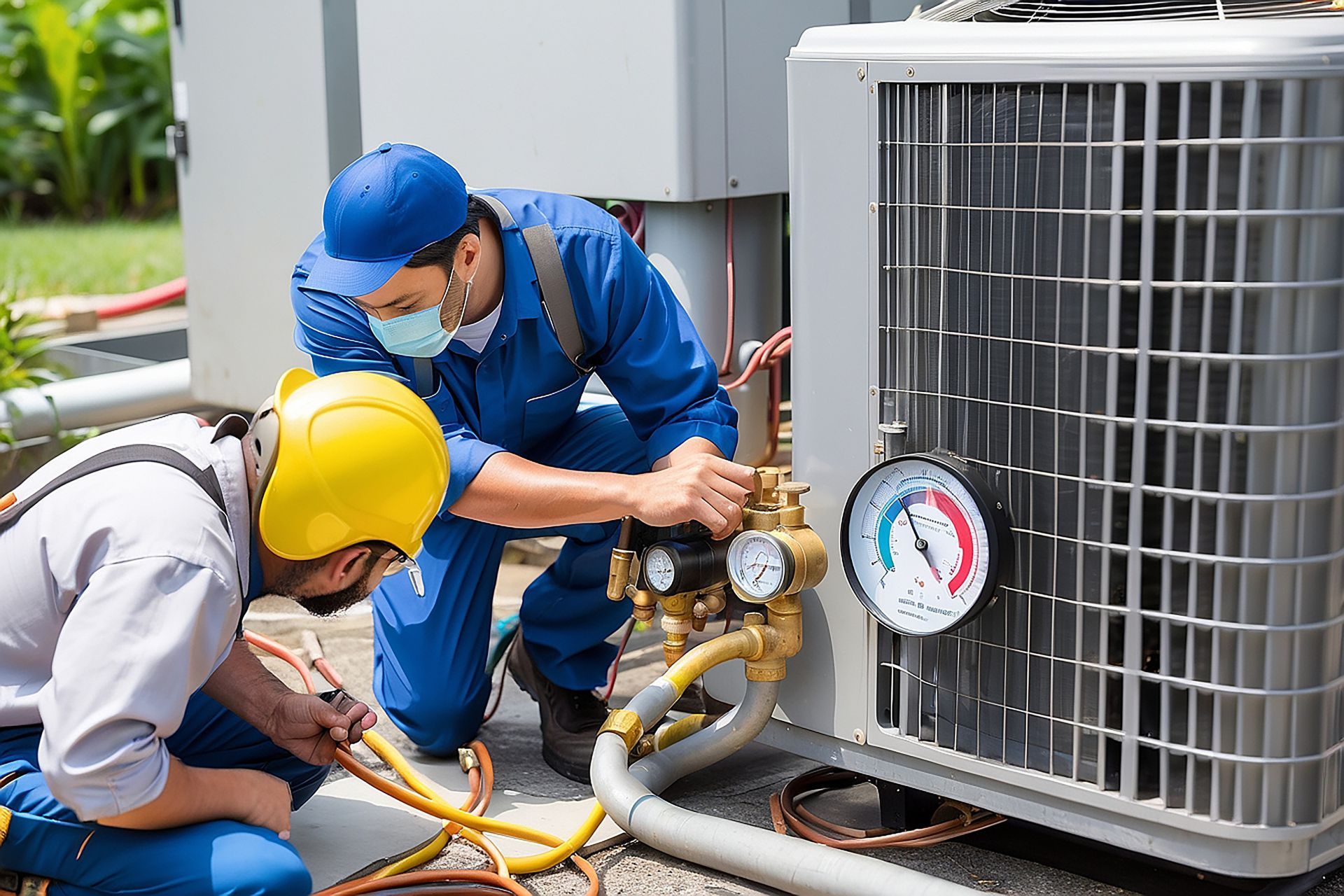 Two men are working on an air conditioner outside.