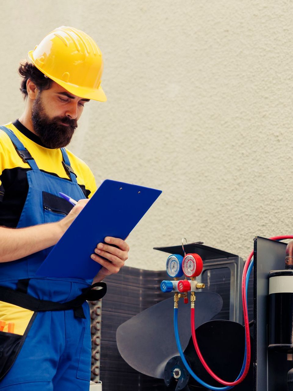 A man wearing a hard hat is holding a clipboard and writing on it.