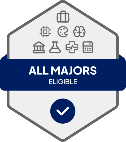 Badge with blue banner: 