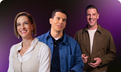 Three people smiling against a purple background; woman with beige vest, man in blue jacket, man in brown jacket.