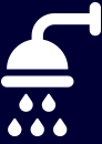 A white shower head with water drops falling from it on a blue background.