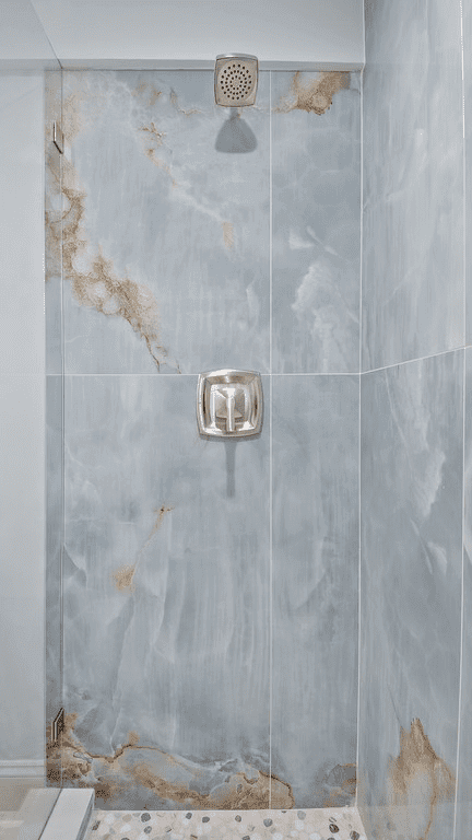 A bathroom with a walk in shower and a marble wall.